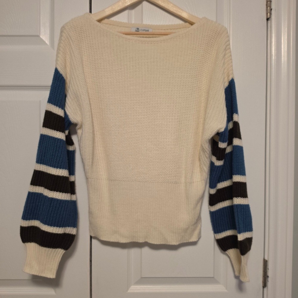 Cupshe Striped Balloon Sleeve Knit Sweater Cream Blue Brown Size Large